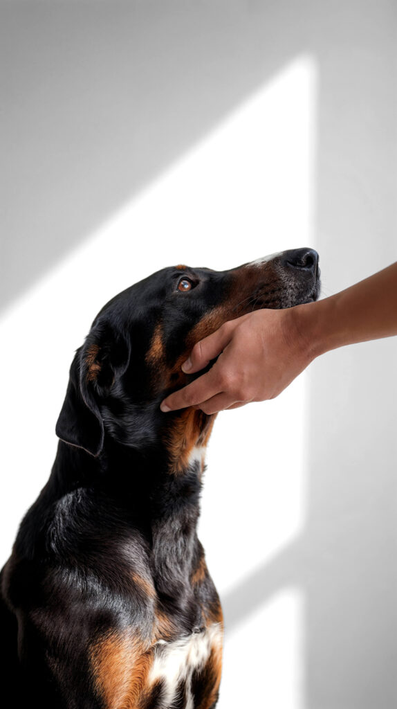 Entspannter Hund im Kontakt mit einem Menschen – sichere und respektvolle Interaktion